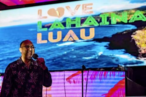 Comedian, Kermet Apio, performed at the fundraising event Love Lahaina Luau at Xtadium in Seattle, Washington. Author: Mahler Photography. Copyright: © Mahler Photography.