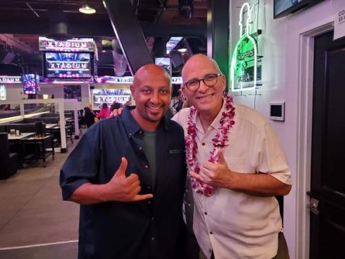 Luam Wersom and Larry J Snyder at the fundraising event Love Lahaina Luau at Xtadium in Seattle, Washington.